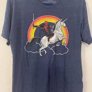 Marvel Deadpool riding a unicorn graphic t-shirt in heather navy blue